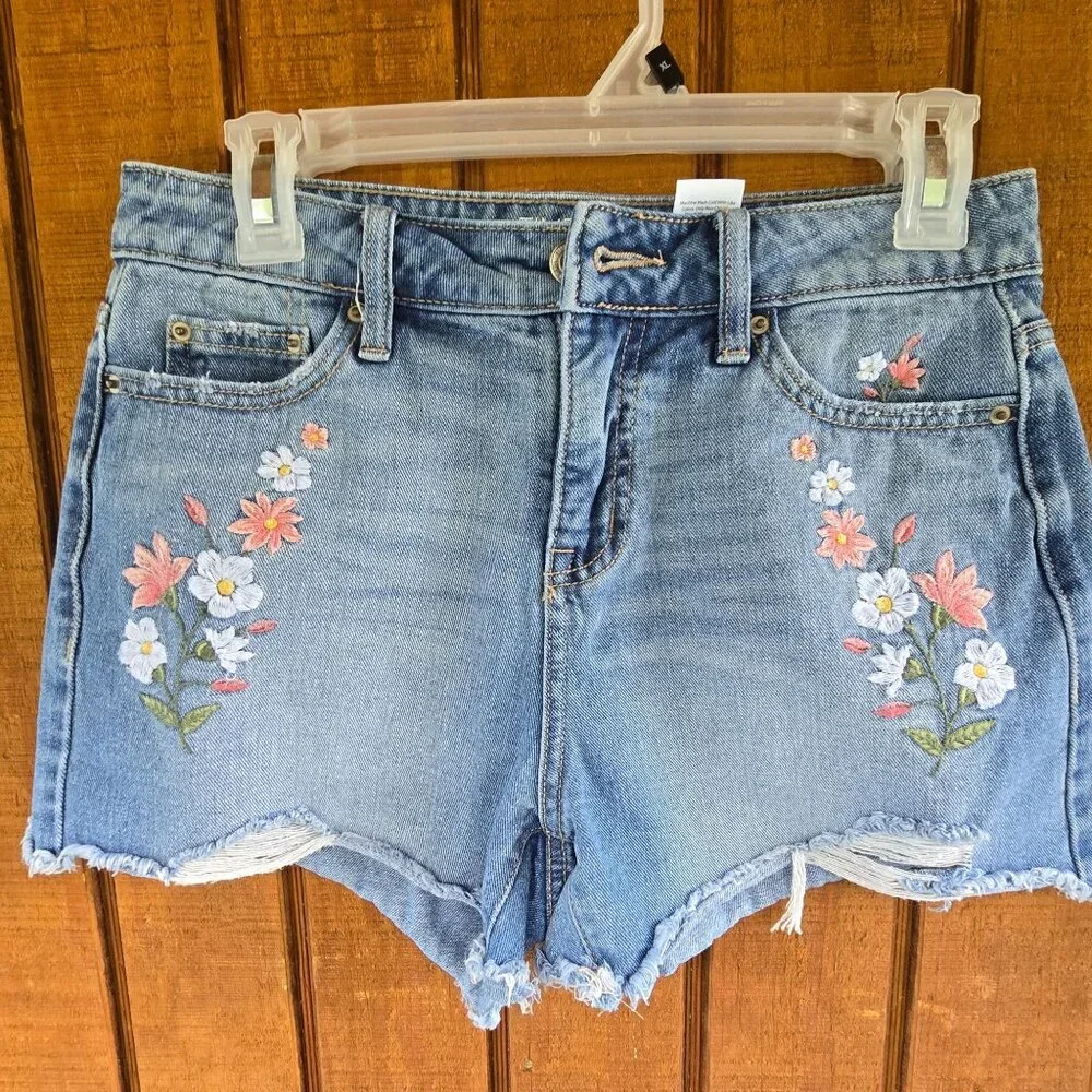 Time‎ And Tru Womens High Rise Embroidered Floral Denim Shorts Size 2